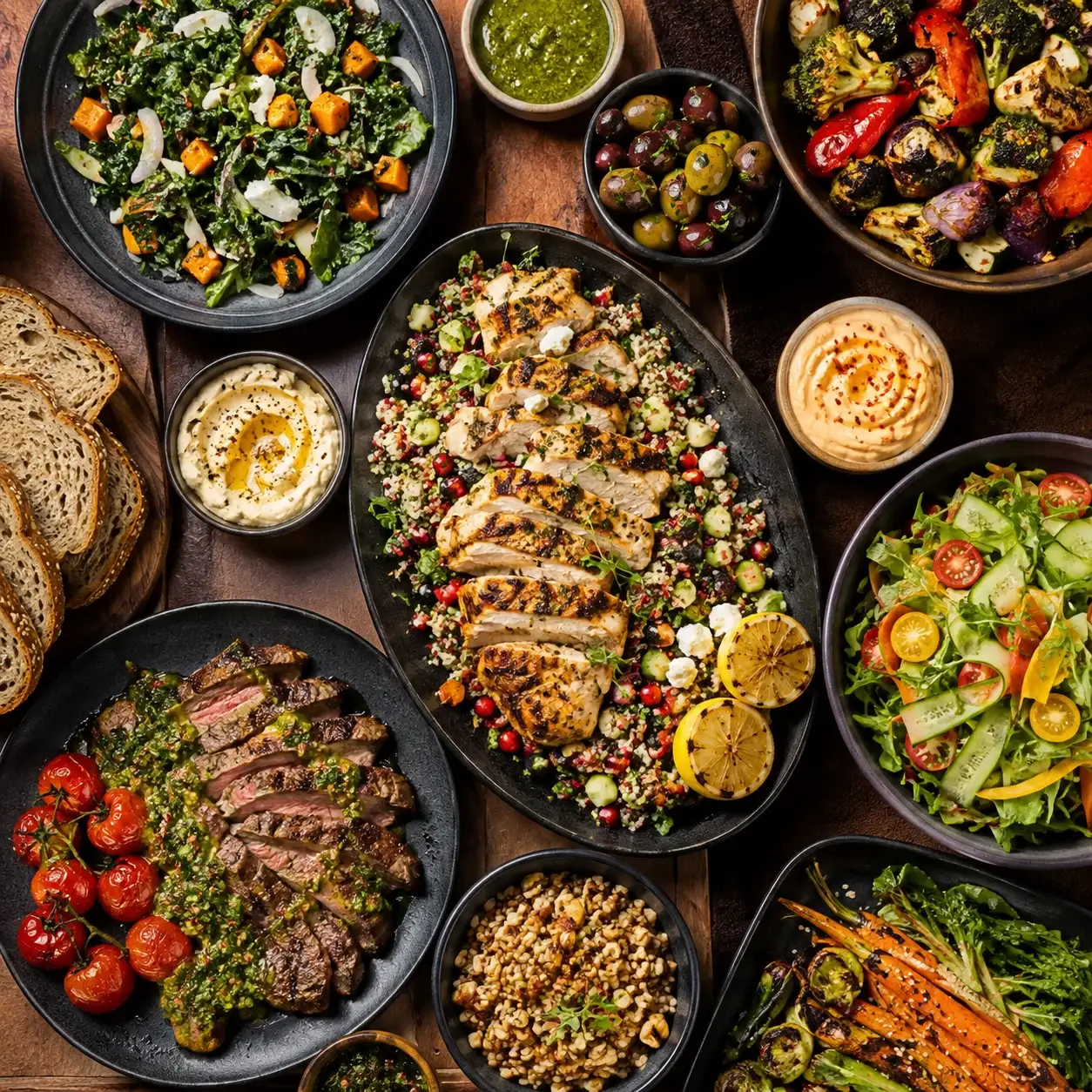 Grilled steak, chicken and fresh salads spread for a Miami office catering delivery from Get The Cook