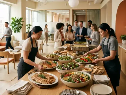 Catered lunch buffet set up in an office kitchen